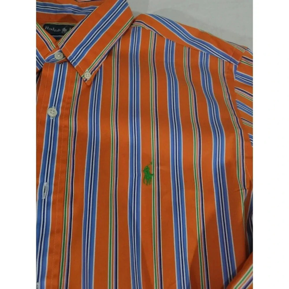 Ralph Lauren Polo Shirt Large Orange Blue Striped Classic Preppy Dress - Picture 4 of 5